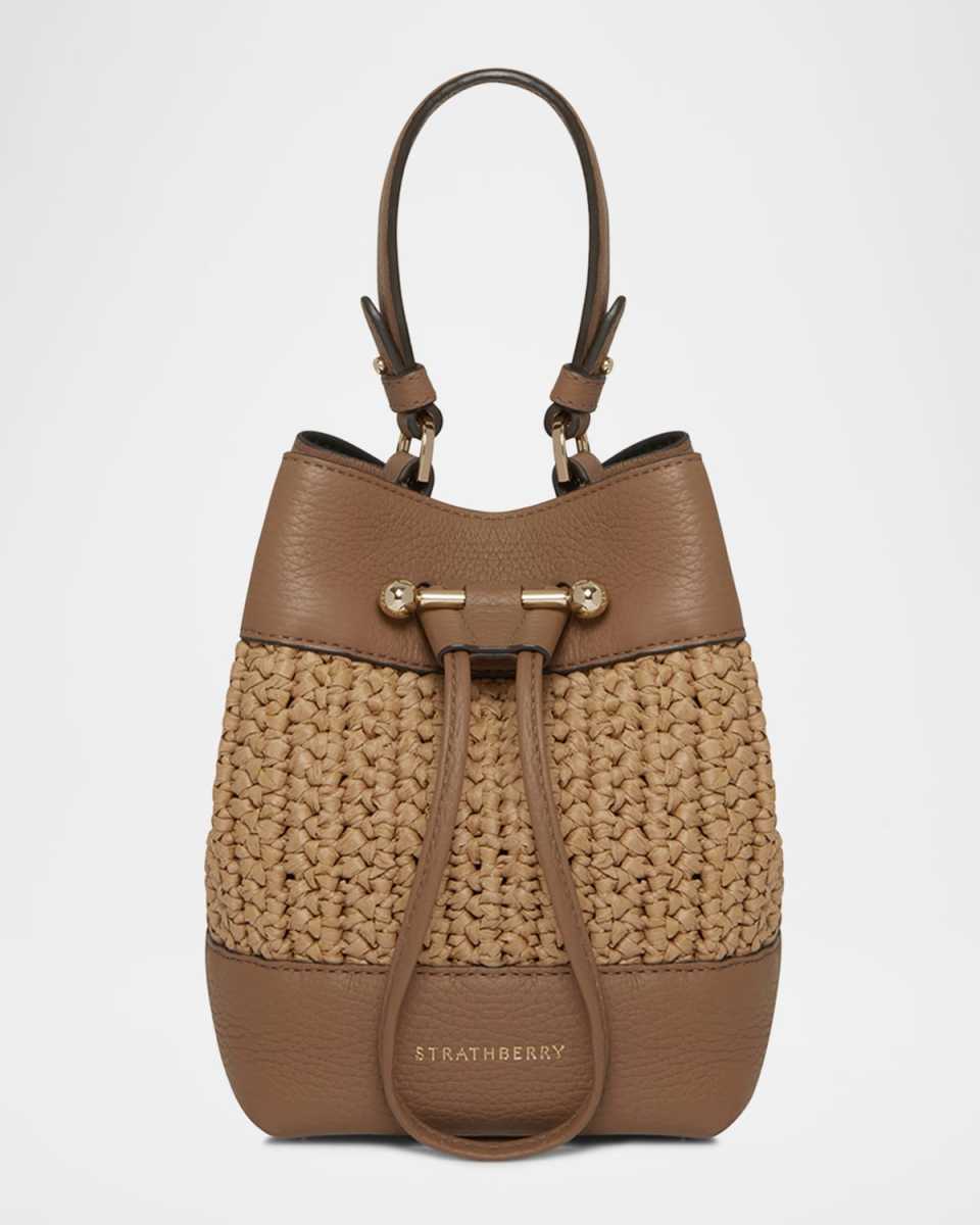 Osette Drawstring Raffia Bucket Bag